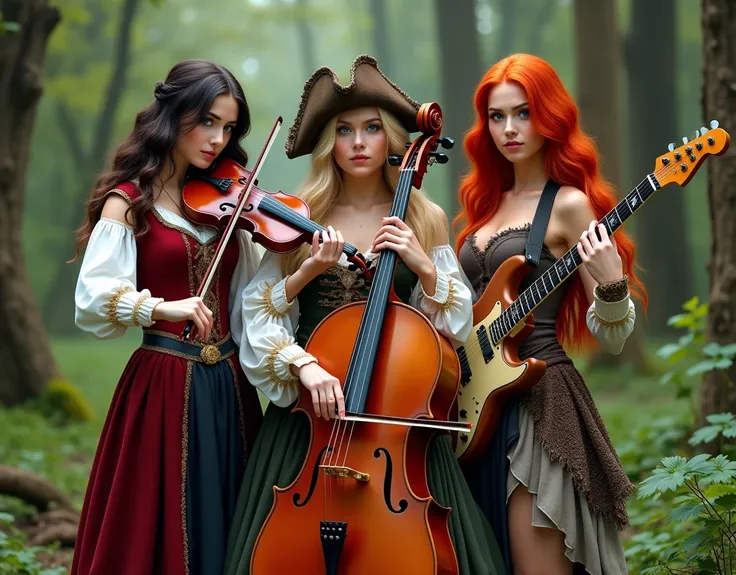  Create three 18-year-old women ,  one with wavy dark brown hair up to her shoulders , dressed one in medieval clothes and in the style of a countess , playing a violin, The other long blonde hair  ,  with pirate clothes and pirate hat , playing the cello ...