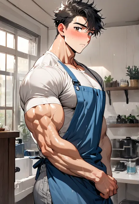 Handsome, solo, 1 boy, 20 years old, cute, short hair, black hair, brown eyes, white T-shirt and Blue apron, muscular, muscular boy, Chest muscles, living room, (blushed)