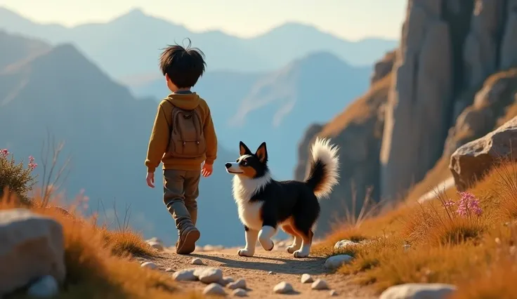 Create a Pixar-style image of a Border Collie dog walking in front of a  boy with black hair and brown clothes on a dangerous trail next to a cliff. Cinematic illustration, 3D rendering, 4K, size 16x9.