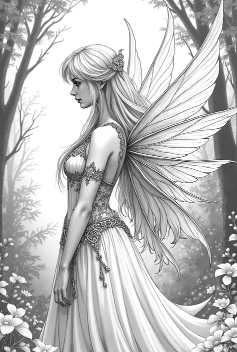 coloring book, Half-body shot of a Fairy with wings in a forest,  long dress,  Long Blonde Hair ,  depth of field, Realistic drawing in Black and White, realistic illustration style