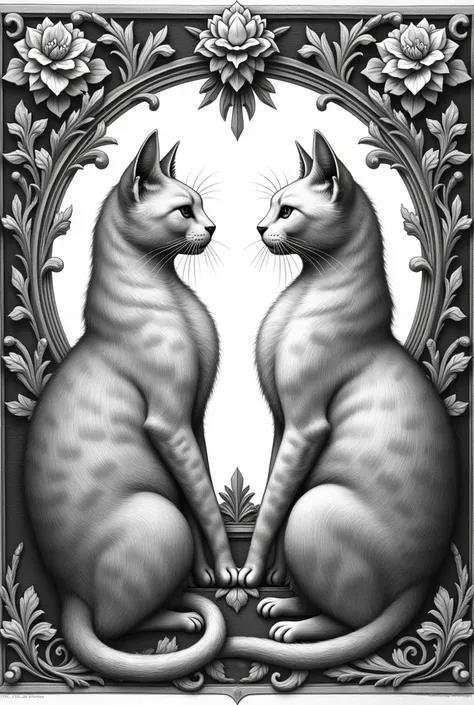 Create an image in the XVI engraving style with a cat on both sides 