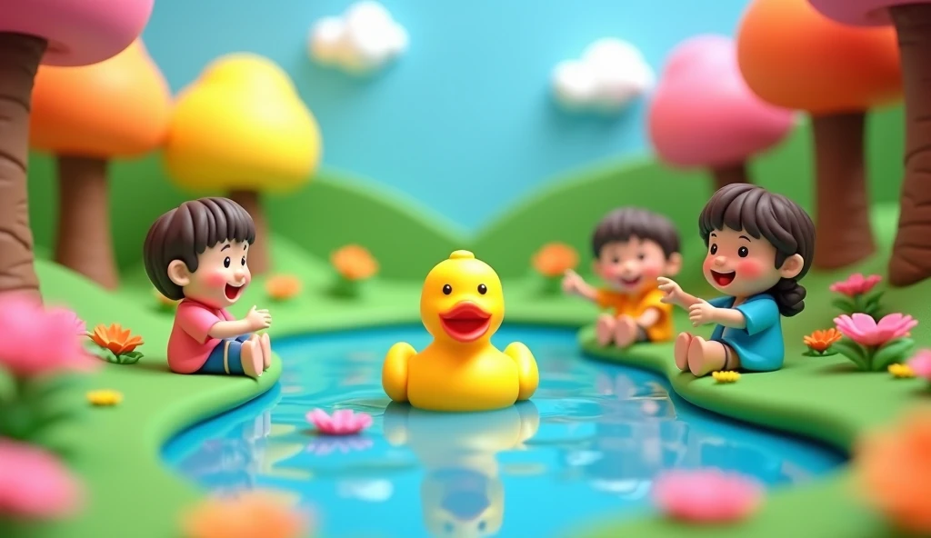 An enchanting and colorful scene designed in a clay art style, depicting a serene lake surrounded by lush green grass, vibrant flowers in various colors (yellow, pink, orange, blue), and playful cartoonish trees. A bright yellow rubber duck floats in the c...