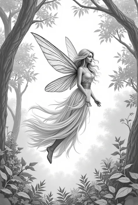 coloring book, Half-body shot of a Fairy with wings flying in a forest,  long dress,  Long Blonde Hair ,  depth of field, Realistic drawing in Black and White, realistic illustration style