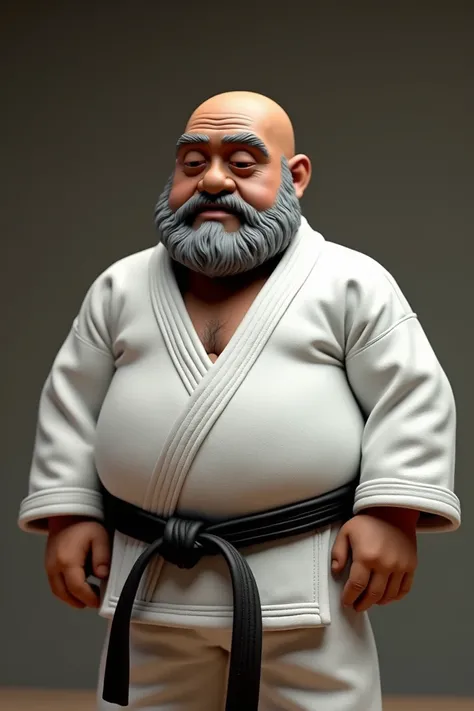  A 60-year-old overweight black man, personagem de claymation, bald with gray beard, realistic texture, tiltshift,  wearing a white jiu jitsu kimono with a black belt, in a thoughtful pose ,  3D rendering 