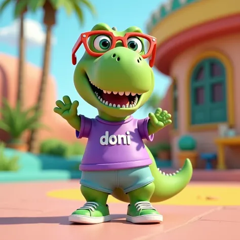 image in 3D animation with bright vibrant colors.
cute green T-Rex dinosaur, big head, wearing big round thick red glasses, wearing a purple short-sleeved shirt, with "Doni" printed in white on the front, light blue pants, green sneakers. on the palms of h...