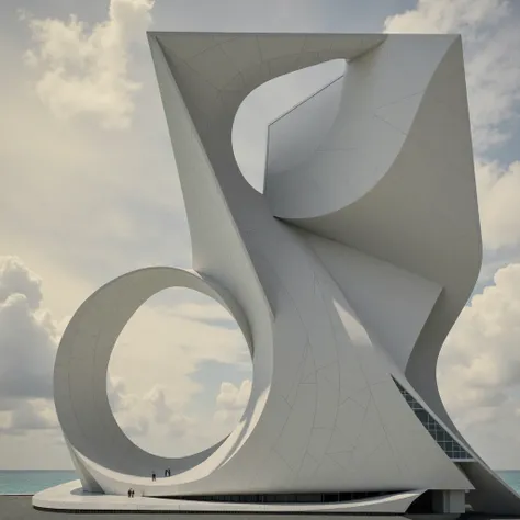 futurist architecture building in the beach with windows, entrance hall, and terrace and sky with clouds