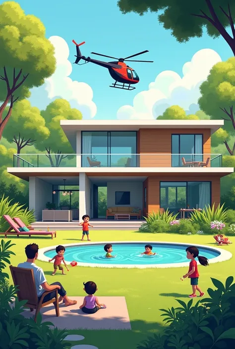 une maison moderne dans une barriere avec un jardin de enfants ( fille et garcons ) qui jouent juste a coté avec leurs jouets et cerf-volants un papa assis sur une chaise et une petite piscine en cercle dans un trou du jardin, un helicoptere qui atterit


