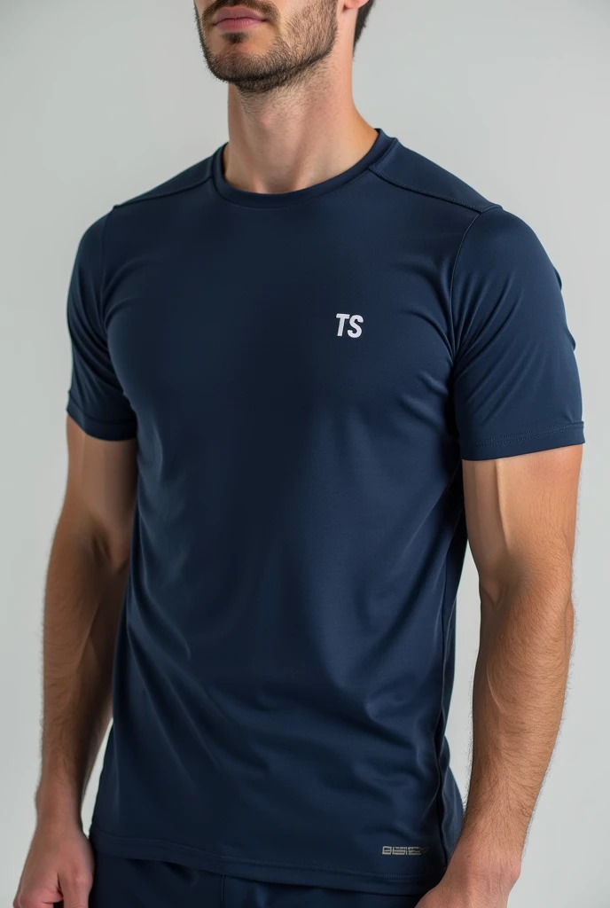 One normal sleeve thermal dryfit t-shirt with logo "TS" and create a logo with "TS", Leave the logo on the chest , Make the logo smaller and on the left side , Leave gray and navy blue models