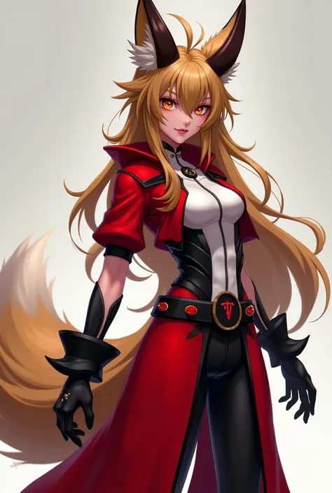 Create a red, white and black outfit for a vtuber with long light brown spiky hair and fox ears, with dark brown horns and a light brown dog tail with white underneath and fire eyes