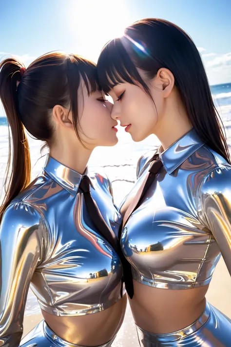 2 japanese girls,  in extremely tight shiny silver latex blouse, Necktie, shiny hair, Lens reflection, Reflected light,  ponytail, Bangs, portrait, Breasts,  seductive smile , Facing each other, are on the beach, kiss