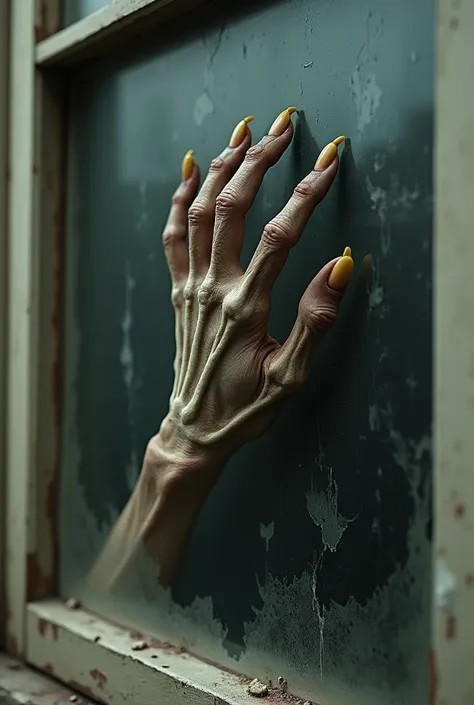 The hand of a zombie watching in a dirty window is