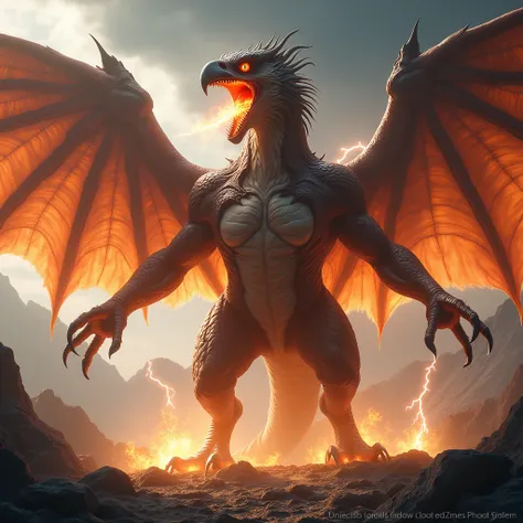 photorealistic angry giant hybrid creature combining the elements of an eagle and a dragon, the creature is blowing fire out of his mouth, the wings made from glowing fire, full view of the creature, bright mountains and lightning background