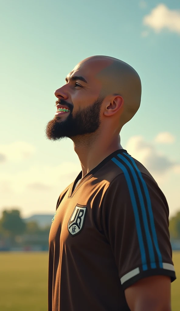 Play a soccer player looking at the horizon in a position of hope , Bald and goatee player with braces and braces and brown with a black and blue striped uniform 