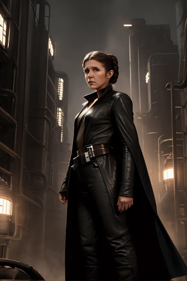 Create an image featuring two characters in a dark, futuristic setting. One character is a man Young Harrison Ford as Han Solo with short brown hair, brown eyes and a long, black coat. The other character is a woman Young Carrie Fisher as Young Princess Le...