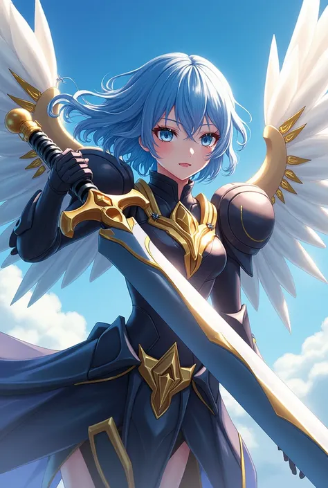  Best Quality , masterpiece:1.4),  high resolution,  papel de parede Unity CG de 8K, ( anime style , 2D illustration:1.3), BREAK garota, mecha girl, Impact of Gundam , angel style, energy wings,  sword huge wick ,  gold and black themed armor beauty backgr...