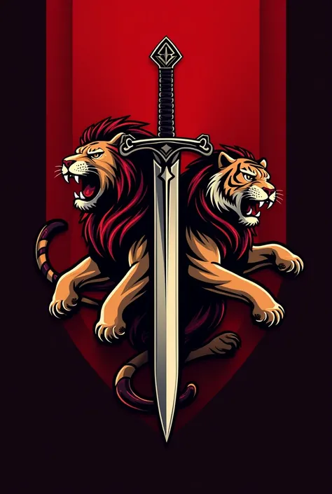 Create shield logo a valiant warriors sports club logo use red and black colour use  sword inside the logo and lion and tiger mix sports style write inside valiant warriors sports club remove white background 