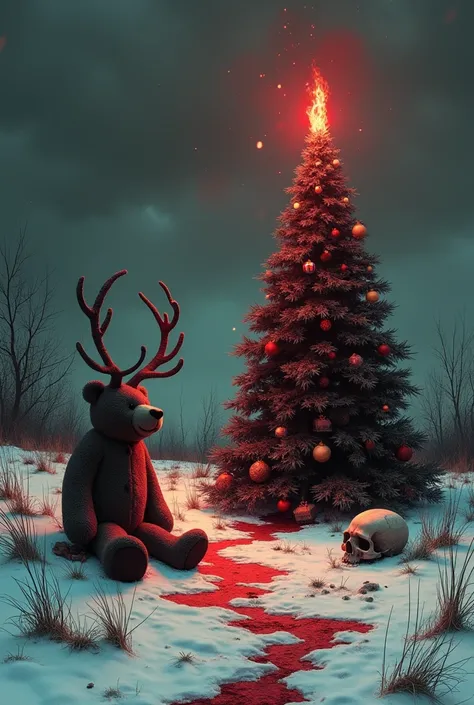 A dark and ominous Christmas landscape with a rotting Christmas tree, a burning teddy bear, and a dying reindeer. There is a skull near the tree. The ground is covered with snow. The sky is dark and cloudy. The image has an overall red and white color sche...