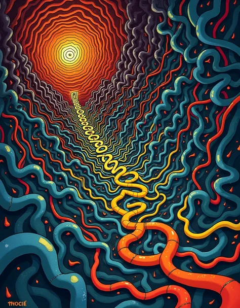 Une illustration d&#39;un labyrinthe complexe à plusieurs branches, représentant un récit divergent. Inspiré par le style artistique de MC Escher, le labyrinthe présente des lignes complexes et des perspectives illusoires. Avec une palette de couleurs vibr...