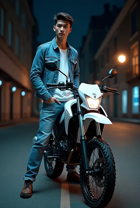 Young man posing in the night street with motorcycle honda adv 160 "White shirt, blue denim jacket, and jeans, paired with Dr. Martens shoes."

