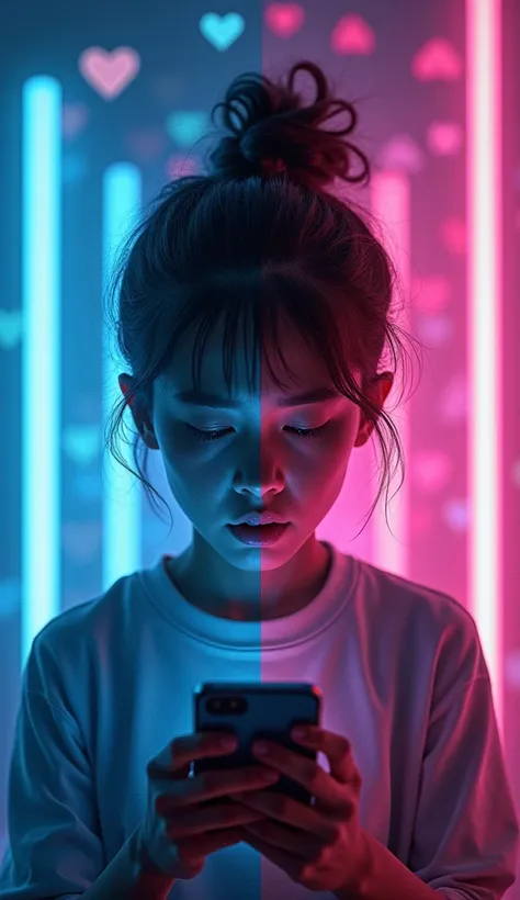 " A split screen glowing with neon lights : on one side,  a person sadly looks at their phone with holograms ,  idealized people shining brightly around them . On the other side,  are annoyed by their lack of likes and followers ;,  but fading social media...