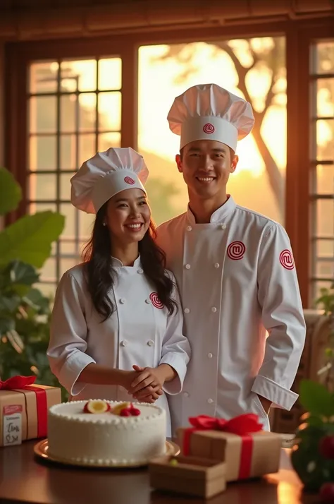  A beautiful asian woman wearing chef clothes and a handsome asian man wearing chef clothes with his affron with the logo of masterchef in an aesthetic bamboo house the atmosphere of sunrise in front there is a birthday cake with various gifts inscribed "C...