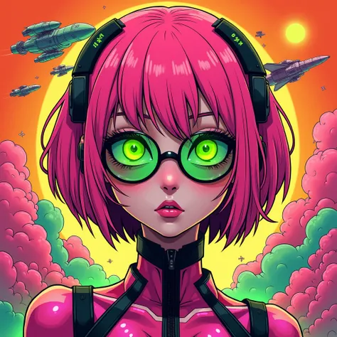 ((best quality)), ((masterpiece)), (detailed), perfect face of cyberpunk mecha japanese girl, neon pink body, neon pink hair, big neon lime green eyes, ((monochromatic neon pink, orange and lime green color palette)), surreal, art nouveau, in the illustrat...