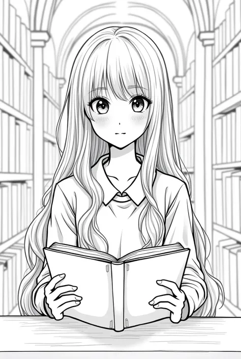 Coloring Page. Full body of Bright haired Girl in a library. The girl is reading a book. The girl is sitting at the desk and studying. The Background is an old library with high cealings. The picture is Black and White. The picture is flat and has no shadi...