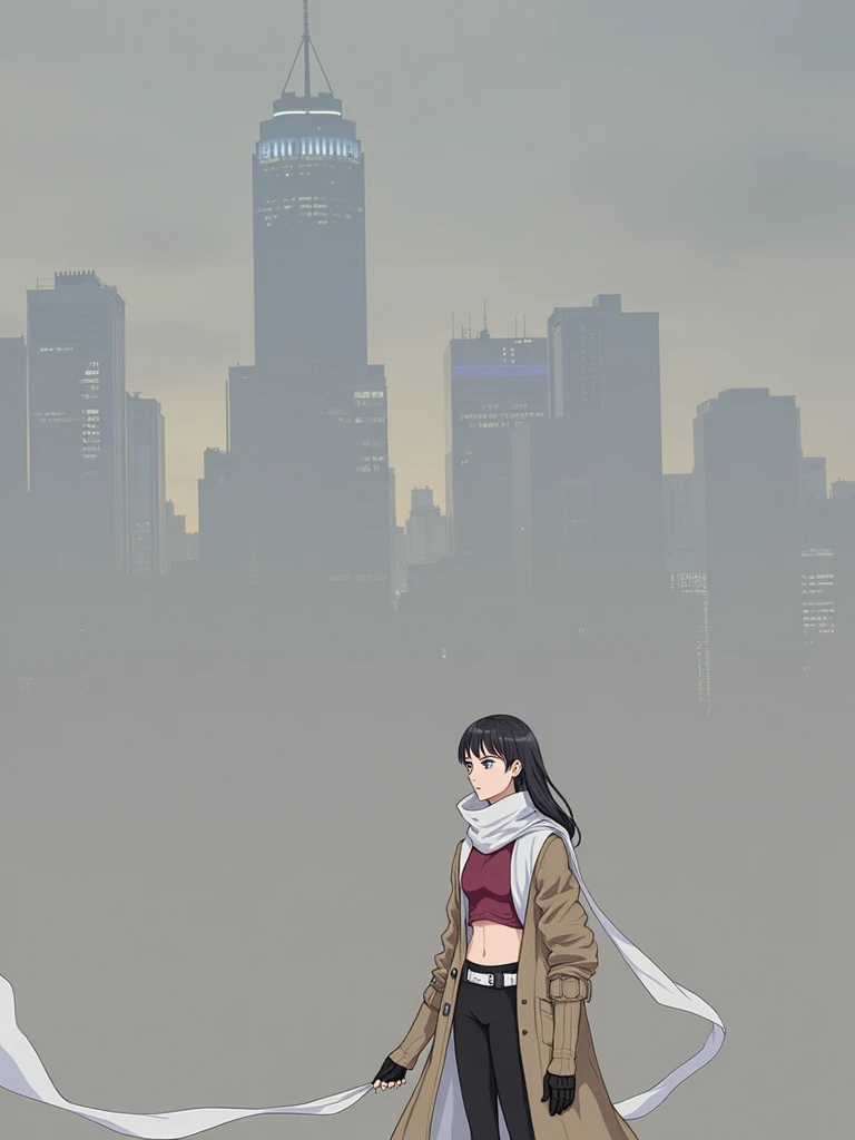 (1 girl), (Alone), Womens mink ,  light brown fur , long hair, periphery_with bangs stylish cut , Blue eyes, medium bust,  short white vest coat ,  reddish magenta cropped top ,  black yoga pants , white belt,  long anime-style scarf fluttering in the wind...