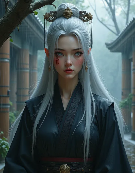  masterpiece ,  best quality, nuit,  In the open, rainy days, Branches, Style chinois,  Royal Sister , 1 woman, mature woman,  Woman with long silver white hair, blue gray eyes ,  Ancient China , cold, serious, weak, fringe, assassins, couteaux courts,  Eg...