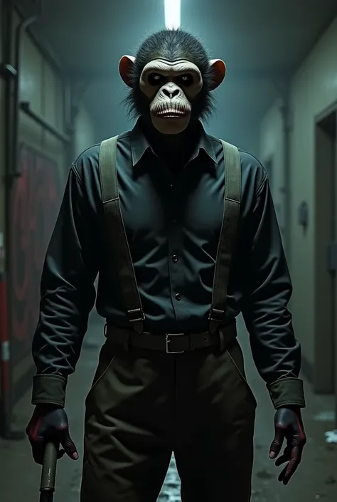  killer wearing a monkey mask, pants and suspenders 