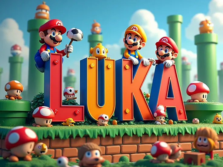 Create a poster extremely detailed with letter-by-letter writing "LUKA" en français et en majuscule. dans un style Disney 4D. LÉCRITURE DOIT ÊTRE BIEN VISIBLE. 
Thème MARIO BROS. 