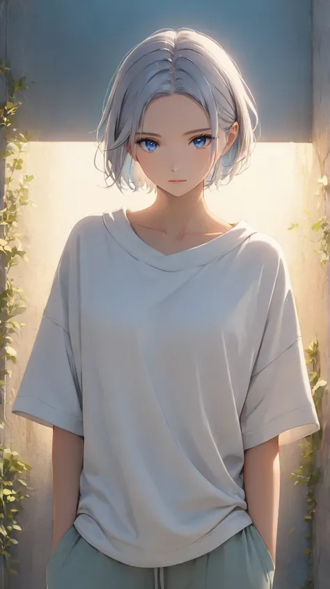 1girl, short silver hair, parted bangs, slightly open forehead, low hair volume, soft layers, natural flow, bright blue eyes, clean color separation, focus on hairstyle and eye color independently, soft lighting, serene expression, minimalist and casual ou...