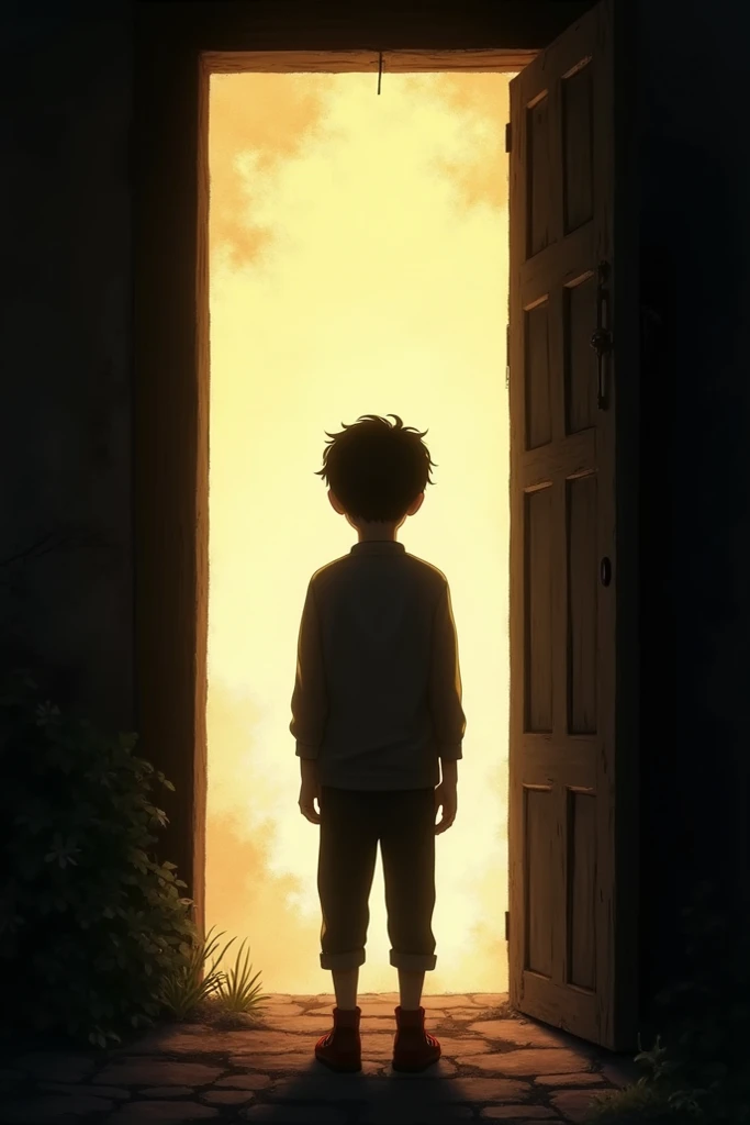 Silhouette of asian boy  open the door