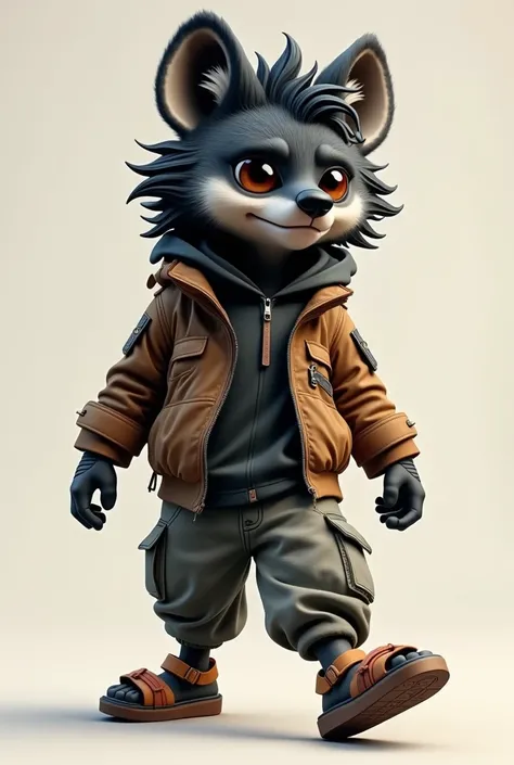  Cool anthropomorphic hyena with black hair and brown eyes, Wear a jacket ,  cargo pants and walking happy sandals  