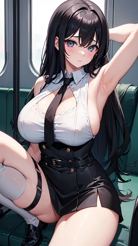  Best Super Huge Breasts、 black hair、 cleavage、Miniskirt、Thighs、High image quality、Ultra HD、Knee socks、 absolute domain、train、seat、Armpit、Close-up、Voyeur style、両Armpit上げ、 sleeveless、Sexy、 long hair、 high school girl