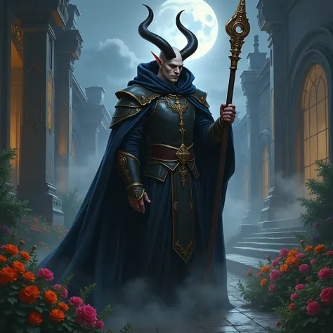 until,  digital illustration ,  highly detailed ,  tongue ,  an unrealistic illustration ,  digital painting ;  a pale-skinned wizard soldier elf ,  with a pair of curved horns and imposing on his head ,  displays a robust and striking figure ,  with noble...