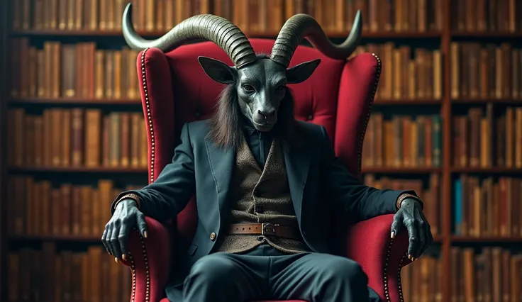 Create an image of Baphomet in a chair in a Library (Full body head to hooves) (max quality) 
