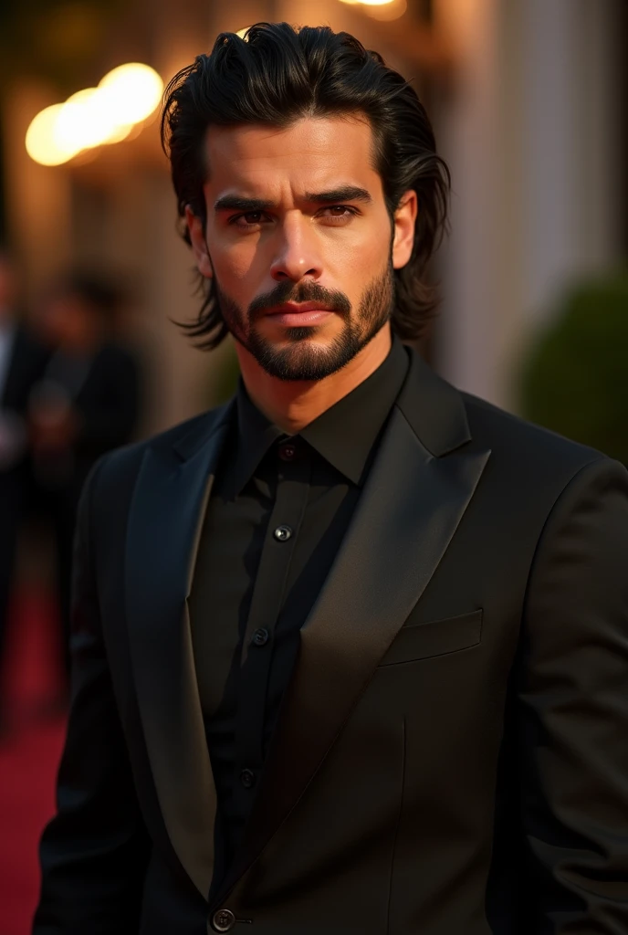  25-year-old Cauã Reymond , tanned skin ,  wavy BLACK hair combed back, marked jaw, Flat face slender beard ,marked jaw,  athletic and defined body ,  Maori tribal arm tattoo , Cauã Reymond slim black suit shirt .  She is at an evening event in Italy .