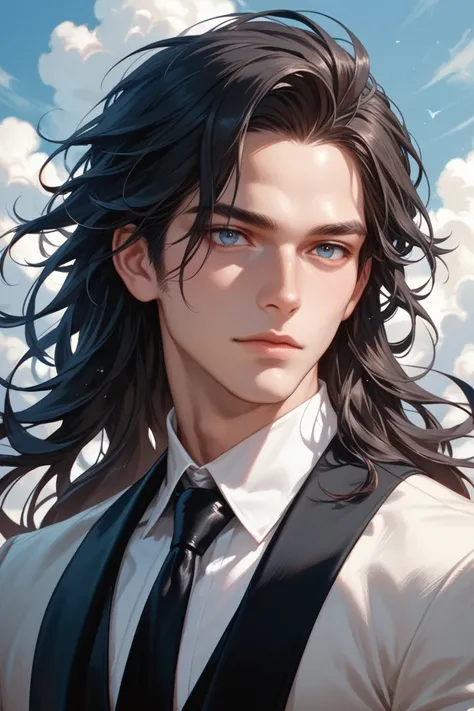 A highly detailed portrait of a mysterious and elegant young man with black, tousled hair, partially revealing pale skin beneath, set against a dramatic cloudy background. His sharp, eyes gaze forward with an intense, Men with long hair