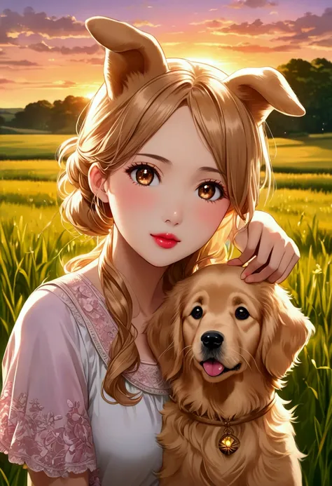 (Masterpiece, 4K resolution, Anime, highly detailed), (Anime woman, charismatic, very pretty), [((23 years old), (Long honey colored hair hair:1.2), half body up, (Brown eyes:1.2), (Hourglass body), (pink lips), (Golden Retriever dog ears on head), (bright...