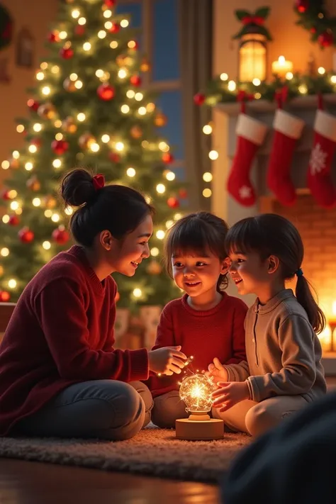 Mother with boy and girl talking in decorated Christmas room at home 
