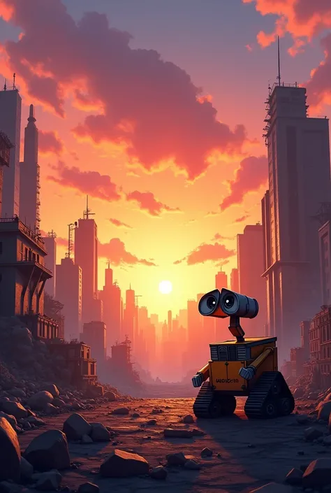 Beautiful sunset,  a ruined city and WALL-E cleaning robot, who is watching this sunset art ,  cartoon style 