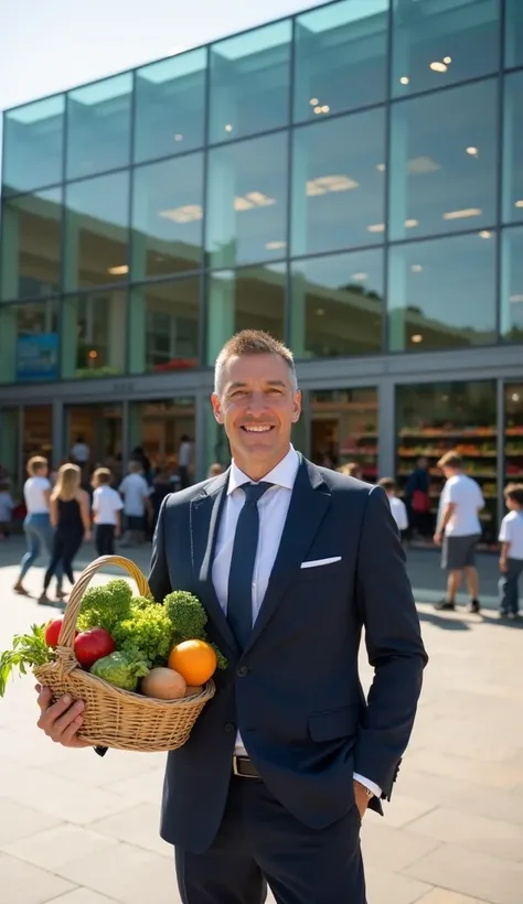  A millionaire supermarket owner posing in front of your modern and sophisticated establishment, located next to a school .  The supermarket displays an impeccable glass façade ,  with flashy signs and a busy entrance with customers . In the background,  t...