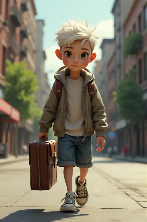  A skinny boy with sneakers and white hair. He has a teachers briefcase .