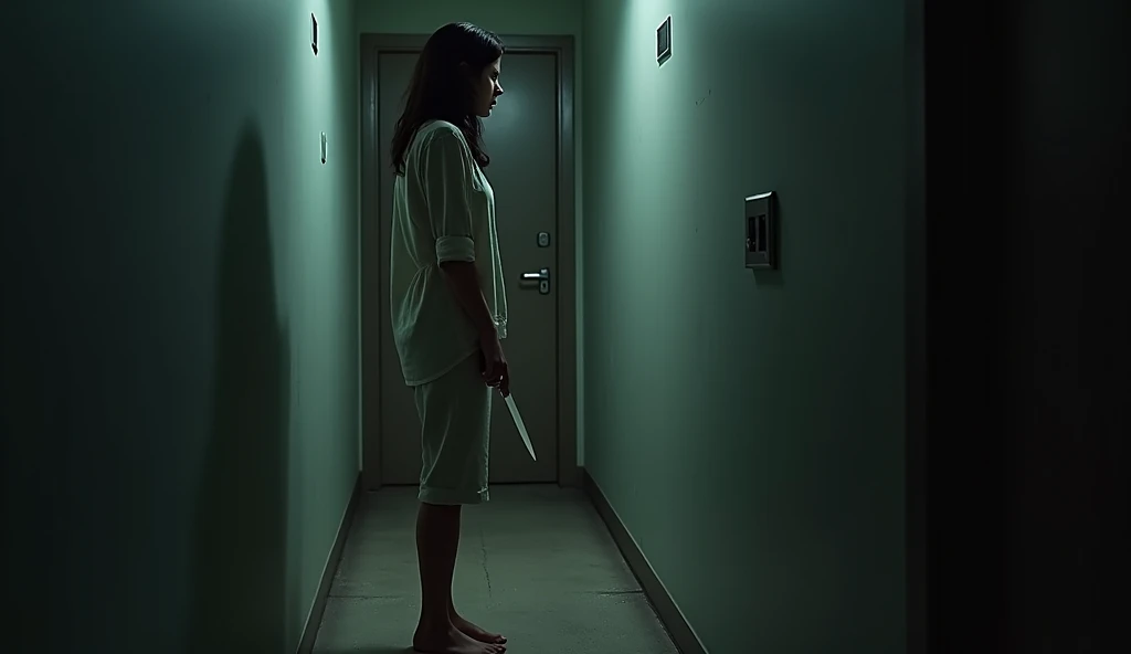 A woman, barefoot and in pajamas ,  standing in front of a closed door with a panicked look .  Holds a kitchen knife tightly while looking at the door from a safe distance. in the background,  a dark corridor with eerie shadows . plano general,  hyperreali...