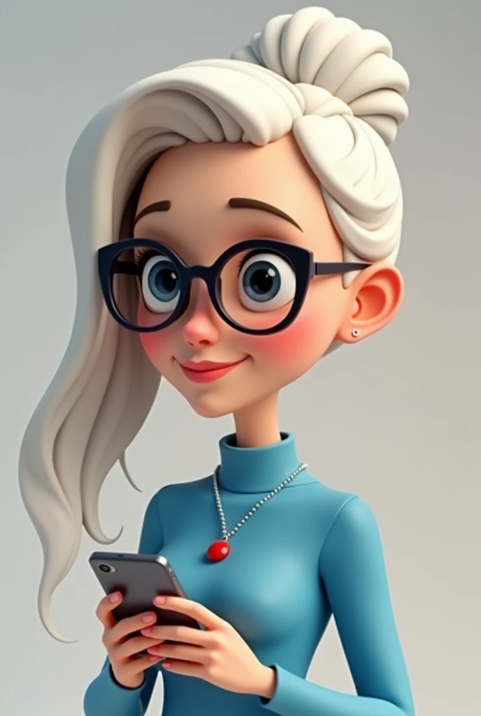 
 3d cartoon of a middle aged woman ,  long hair in a bun on the top of the head, smooth and white,  black eyes,  looking forward and to the side with cell phone in her hand wearing black-framed glasses, Blue shirt, red pendant in the middle of the forehea...