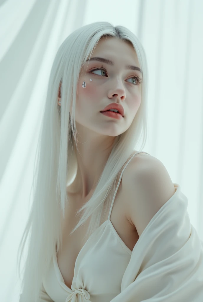 | A woman with long, straight white hair slicked back,| I want her without eyebrows in a very alternative setting,wearing a white silk dress,She gives a sexy pose| She will look up and a diamond tear will fall from her eyes,| I want the pearl white backgro...