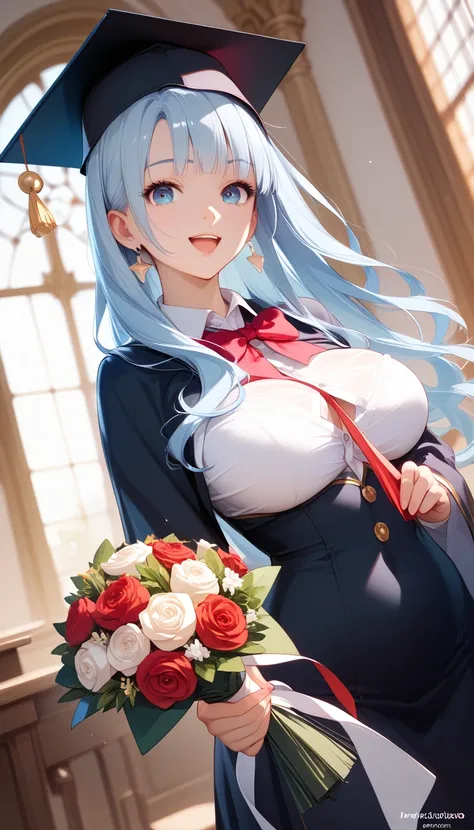 masterpiece, best quality, highly dramatic picture, beautiful eyes, cinematic lens effect, big beautifully shaped breasts , ultra cute, ultra sexy, ultra bouncy , ultra curvy, horny, pervert, dutch angle, ((Busty Bitches)) , ((Graduation)), ecchi girl, bla...