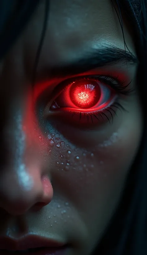 "A close-up of a human face, eyes wide with fear, reflecting the image of the Angel of Death (Malak al-Mawt) in their pupils. Sweat trickles down their forehead as their expression conveys a mix of terror and awe. The background is dim and shadowy, with fa...