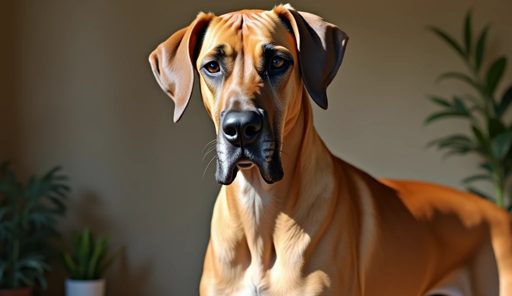 "A majestic Great Dane, standing tall and regal, its colossal frame filling the composition with an air of strength and elegance. The dog’s sleek, short coat, in a glossy fawn tone with a hint of shadow along its muscular contours, shimmers under soft, dif...